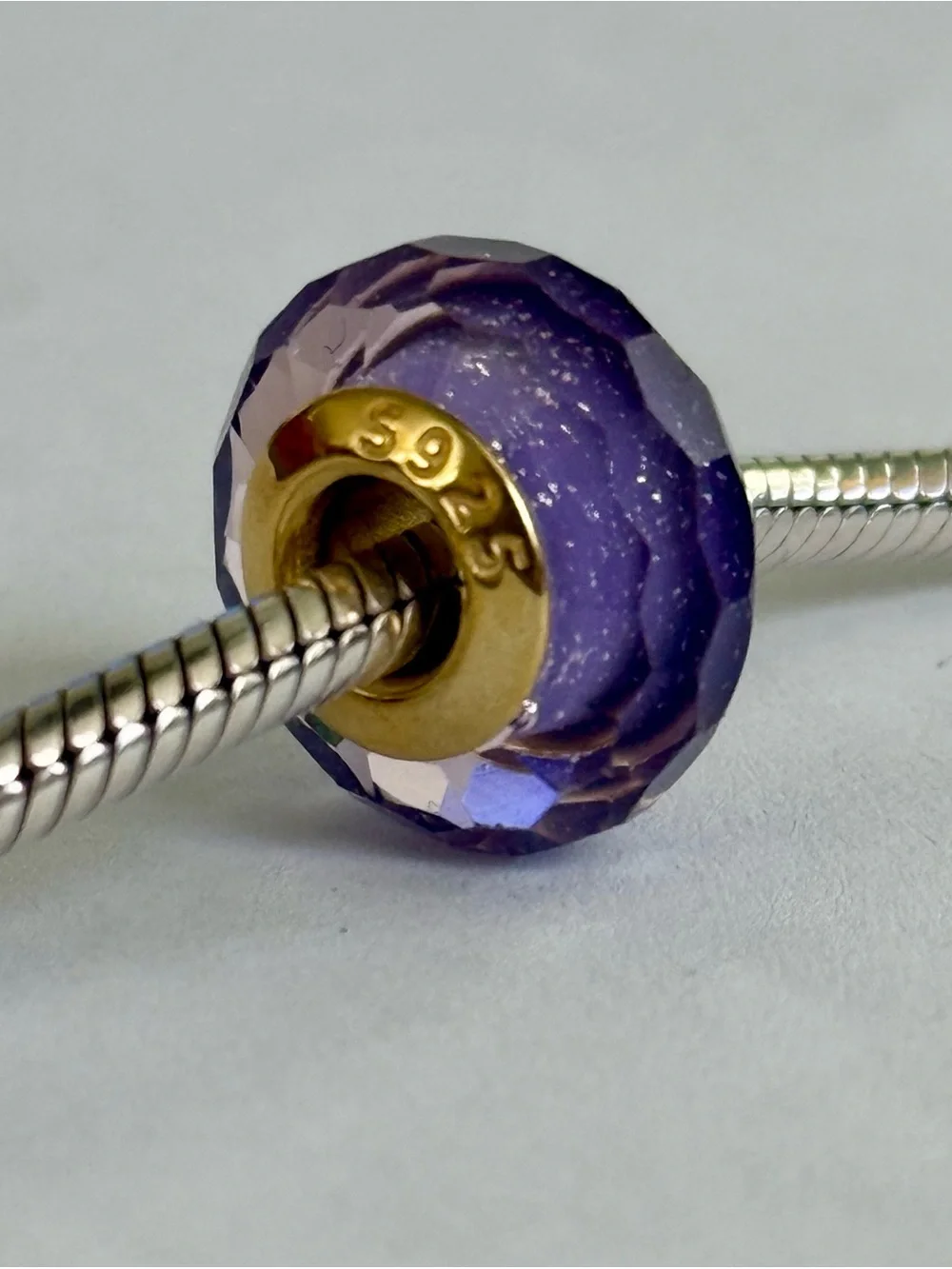 Gold core sparkling purple Murano charm fit Pandora bracelets